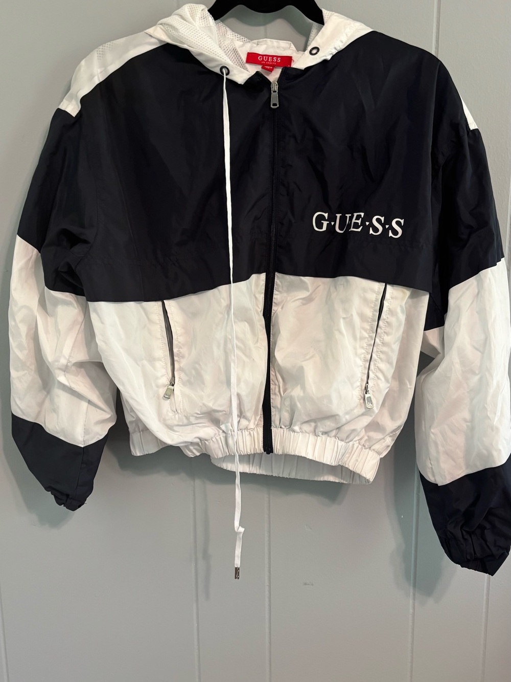 GUESS Black and White Colorblock Hooded Bomber Jacket